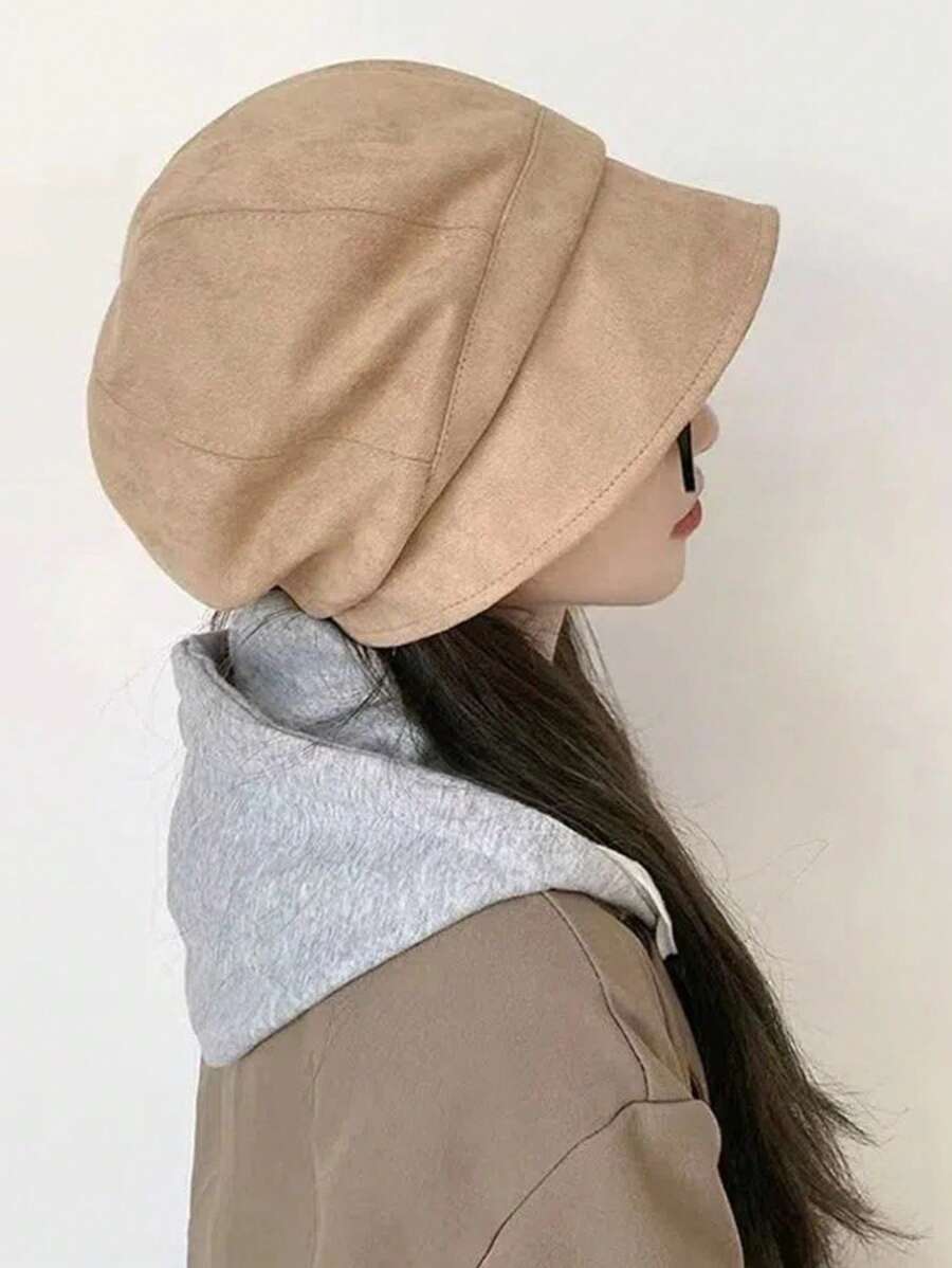 Women's Autumn/Winter Suede Beret Hat, Black Beanie, Japanese Style Slouchy Beanie, Large Circumference Bucket Hat Winter Outfits