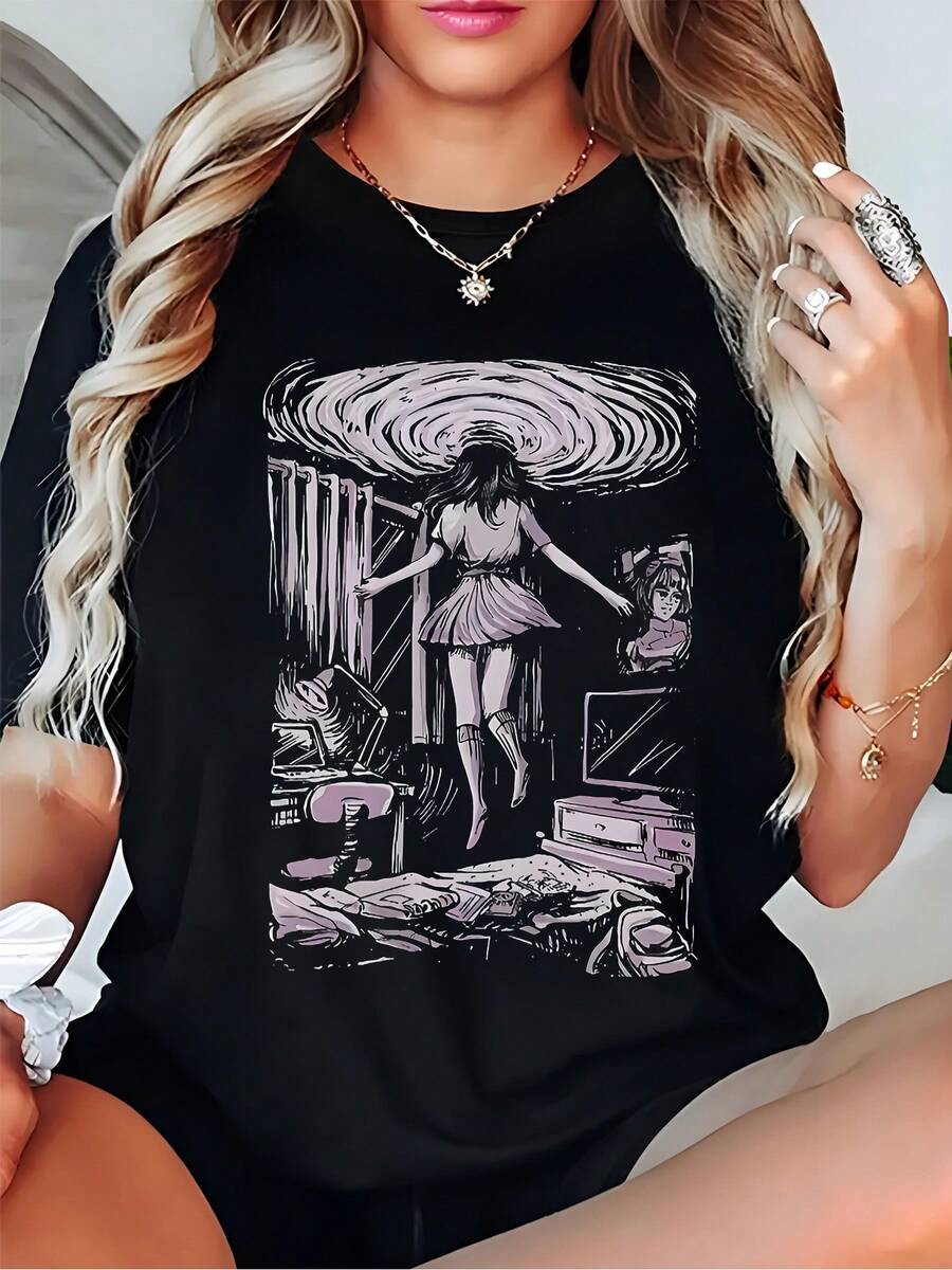 Plus Size Women's Retro Sketch Print Loose Fit T-Shirt Black For Casual Summer, Short Sleeve T-Shirt - màu đen - Xem 1
