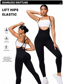 Jumpsuits For Women Workout Seamless Sleeveless Spaghetti Strap Romper Jumpers Yoga One Piece Tank Tops Rompers Sleeveless Exercise Jumpsuit - Black - View 1