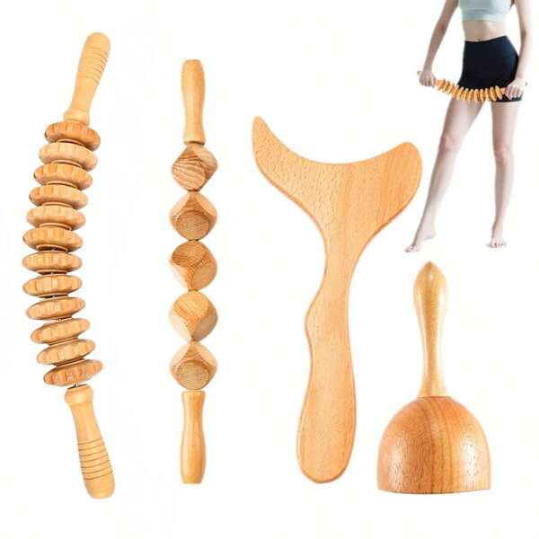 4pcs/Set Wooden Roller Massager, Wooden Massage Tool Kit, Wooden Massager, Manual Wooden Massage - Body Massage Tool