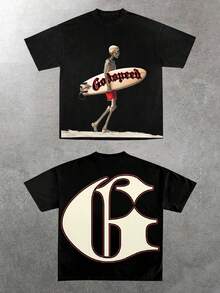 (220 Cotton T-Shirt)Godspeed Surfing Skeleton Tee Men's 100% Cotton Y2K Style Graphic Tee - Soft Casual Crew Neck Short Sleeve, Black - 黑色 - 查看 1