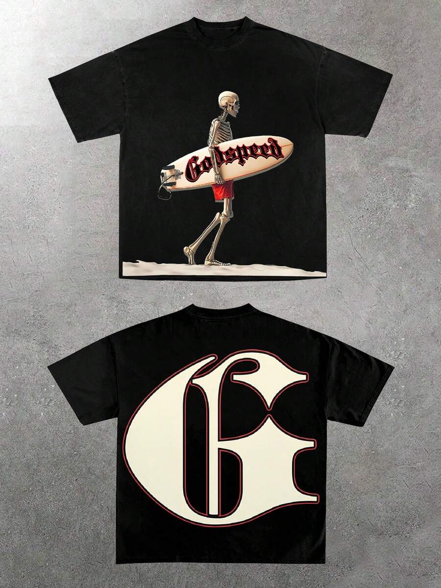 (220 Cotton T-Shirt)Godspeed Surfing Skeleton Tee Men's 100% Cotton Y2K Style Graphic Tee - Soft Casual Crew Neck Short Sleeve, Black - 黑色 - 查看 1