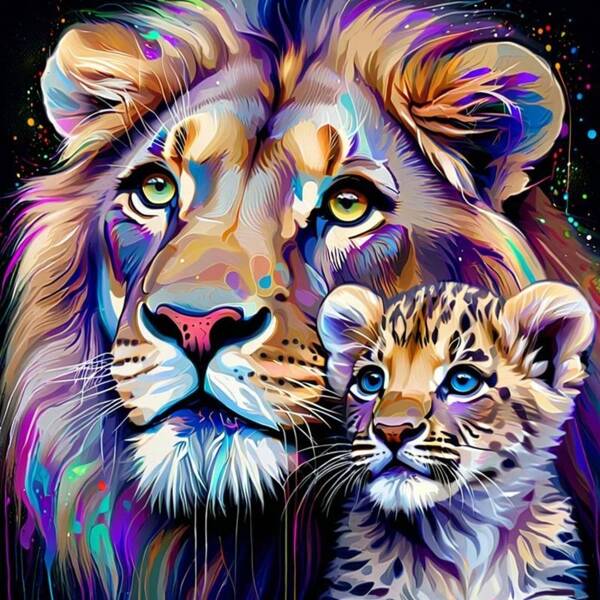 1pc 5D Diamond Painting Kit - Majestic Lion And Cub, 5D Diamond Painting, Full Round Acrylic Diamonds, Vibrant Mosaic Embroidery Artwork, Mysterious Golden Tone Home Wall Decor, Round Shape Diamond Painting 20x20cm/7.9x7.9in