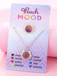 2pcs/Set Girls' Temperature Sensitive Color Changing Cat Unicorn Heart Pendant Necklace & Ring Jewelry Set, Gift For Girlfriend/Best Friend