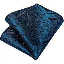 Conjunto de corbata de seda con estampado floral, incluye pinza de corbata, pañuelo y gemelos - Verde azulado y negro - Ver 7