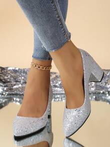 Sapatos de Salto Grosso com Brilho e Bico Fino, Bombas de Enfiar, Sapatos Casuais Elegantes para Mulheres, Tênis Versáteis de Moda de Cano Baixo para o Outono