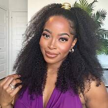 3 In 1 Half Wig | Afro Curly Flexible Fit Half Wig With Drawstring Natural Hairline Beginner Friendly Kinky Curly Glueless Wigs With Drawstring Seamless Put On Go Glueless Wig - Natural Black - 查看 2