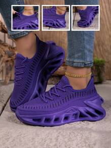 女士时尚防滑透气休闲运动鞋、跑步鞋、户外步行鞋、系带百搭运动休闲鞋 - 紫色 - 查看 4