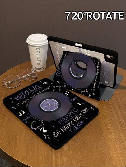 1 Piece, Purple Record CD Double-Sided Painted Three Fold IPad Tablet Protective Case, 720 Rotation Anti Bending Transparent Acrylic Shell, Thick Silicone Corner Anti Drop, Supports Automatic Wake-Up/Sleep, Hollow Logo Hole, Suitable For IPad 10/9/Pro 11 2024/IPad 11 2025