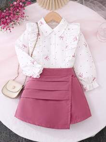 Set de 2 piezas para niñas pequeñas: Blusa elegante y dulce con cuello de moño de lunares rosas y falda corta de línea A única, apropiado para uso casual, vacaciones, salidas diarias, regalos, primavera/verano/otoño