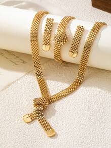 4pcs/Set 18K Gold Plated Minimal Hollow Wide Necklace, Bracelet, Earring Jewelry Set, Luxury Versatile Women Accessory