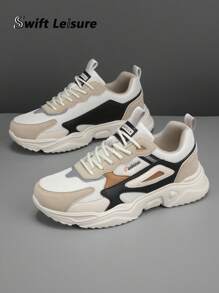 男士黑灰混合网眼设计舒适百搭跑步鞋，时尚黑色运动休闲运动鞋，适合户外穿着 - 米色 - 查看 3