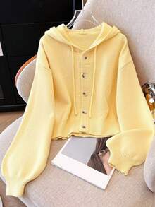 Autumn/Winter Minimalist Style Hooded Short Casual Button Cardigan, Versatile Knit Sweater Jacket - Yellow - View 3