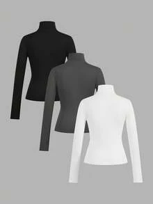 Paquete de 3 Playeras Termica de Mangas Largas de Mujer con Cuello Redondo de gran calidad - Negro Gris Blanco - Ver 2