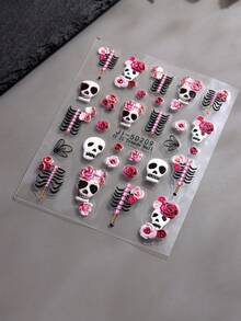 万圣节 5D 指甲贴纸浮雕骷髅贴花金色玫瑰金白色骨头骷髅图案哥特式 DIY 粘性滑块美甲装饰美甲配件节日 - 彩色 - 查看 5
