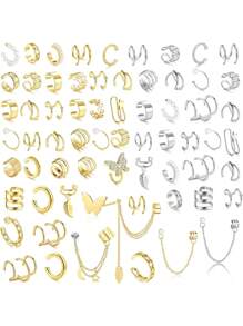 Milacolato 66 Pcs Ear Cuff Earrings For Women Non Piercing, Hypoallergenic Fake Earrings, Silver Clip On Cartilage Earrings For Sensitive Ears, Gold Ear Wrap Earrings For Helix Cartilage, Cross X Double Line Cat Claw Cz Pearl Star Butterfly Ear Cuffs Non Piercing - 彩色 - 查看 1