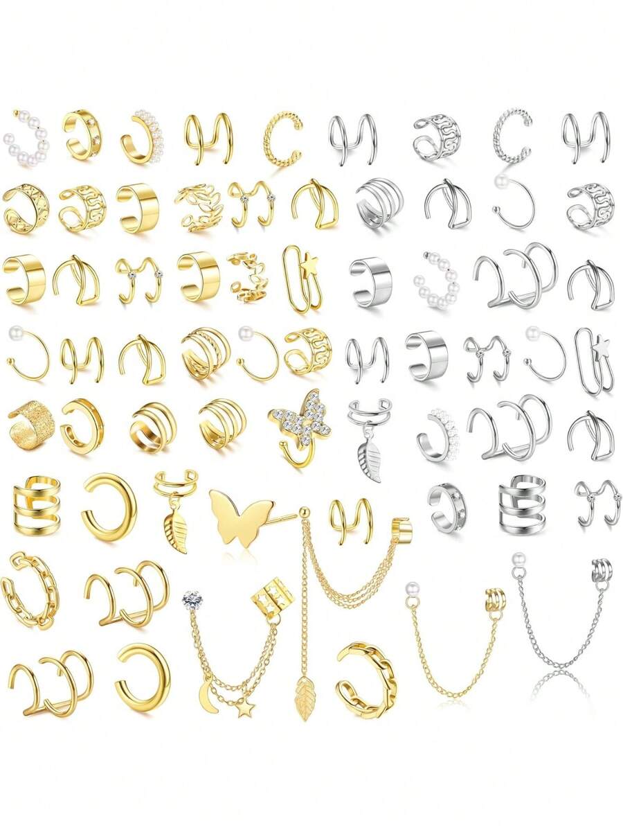 Milacolato 66 Pcs Ear Cuff Earrings For Women Non Piercing, Hypoallergenic Fake Earrings, Silver Clip On Cartilage Earrings For Sensitive Ears, Gold Ear Wrap Earrings For Helix Cartilage, Cross X Double Line Cat Claw Cz Pearl Star Butterfly Ear Cuffs Non Piercing - 彩色 - 查看 1