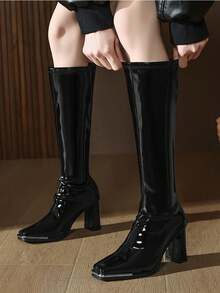 秋冬季粗跟过膝性感红色亮面漆皮方头高跟过膝长靴，拉长腿部线条，时尚女式礼服靴 - 黑色 - 查看 1