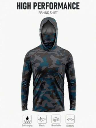 Men's Long Sleeve Fishing Shirt With Mask And Hood, Quick-Dry Fishing Apparel