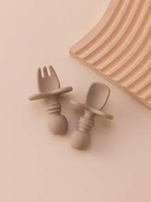 2PCS Personalized Customization Name Baby Silicone Spoon Fork Solid Color Kids Utensils Feeding Training Stuff Soft Print On Demand Baby Tableware - Multicolor - View 19