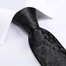 Silk Floral Necktie Set With Tie Clip, Handkerchief & Cufflinks - Solid Black Floral - View 3