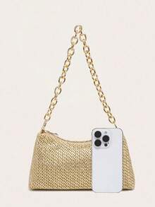 女士腋下单肩包，方形金属链条包，大容量，轻便，休闲时尚，海滩度假风，适合购物和度假 - 金色 - 查看 2