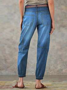 四季新款简约优雅气质高街女直筒牛仔裤水洗纯色裤脚抽绳裤