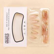 DAlmond Pr On Nails Medium  On Nails Gold French Fake Nails 3D Gold Lines And Pearl Acrylic Nails Nude Translucent Nails Pr Ons Simple And Reusable Stick On Nails For Women 24 Pcs7001 - vàng-2 - Xem 4