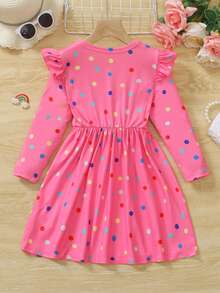 Young Girls' Cute Colorful Polka Dot & Rainbow Print Cap Sleeve Round Neck Knee-Length Casual Dress, 2025 New Arrival - Hot Pink - View 7