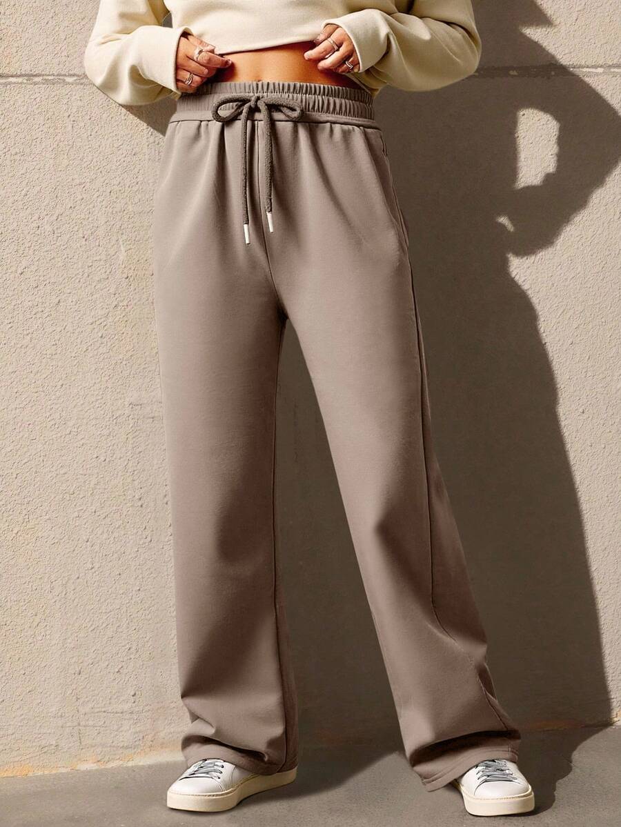 Pants Deportivo Para Mujer Pierna Ancha Corte Wide Leg - Camel - Ver 1