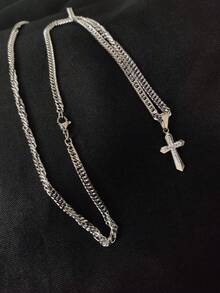DOUBLE GROUMET CHAIN SET AND WHITE GOLD PLATED CROSS PENDANT - Bạc - Xem 3