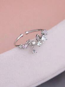 Nooxian 1pc Women Rose Gold Flower-Shaped Open Ring With Cubic Zirconia Valentines - Bạc - Xem 12