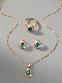 1set Vintage Luxury Elegant Rhinestone Water Drop Earrings, Necklace & Ring Jewelry Set For Women, Suitable For Festival, Birthday, Date, Dance, Party, Holiday, Shopping, Daily Work