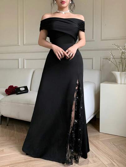 abyoxi 黑色性感露肩奢华 3D 花卉露肩时尚优雅浪漫派对礼服，返校节，春夏新款女士连衣裙