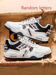 1 Paio di Scarpe da Skate Casual da Uomo in PU con Stampa a Lettere, scarpe sportive Sportive da Esterno Antiscivolo [Lacci delle Scarpe con Combinazione Casuale di Lettere] - BZ06 Bianco Nero - Visualizzare 2