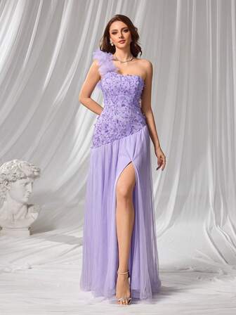 Double Crazy Women's Sequin Mesh Asymmetric Shoulder Side Slit Hem Elegant Dress, All Season