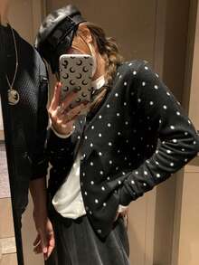 女士波点随机印花纽扣开襟毛衣，休闲秋冬上衣 - 黑色 - 查看 5