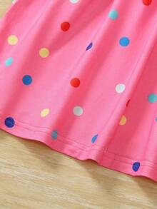 Young Girls' Cute Colorful Polka Dot & Rainbow Print Cap Sleeve Round Neck Knee-Length Casual Dress, 2025 New Arrival - Hot Pink - View 6