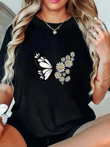 Camiseta de algodón con estampado de "Alas de Flores"casual de moda para mujer - Negro - Ver 1