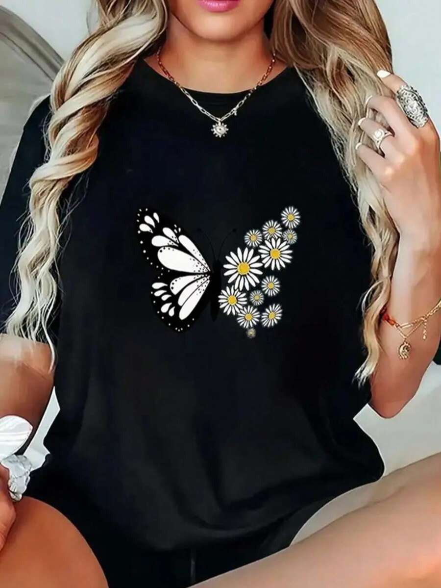 Camiseta de algodón con estampado de "Alas de Flores"casual de moda para mujer - Negro - Ver 1
