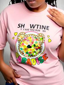 Playera oversize estampada para mujer, clásica y casual, ajuste oversize y cuello redondo, tela de algodón, apta para temporadas de verano, primavera y días soleados, con pedrería artificial decorativa en la parte frontal. En algunos colores pueden variar los tonos y estampados. - Rosa vieja - Ver 1