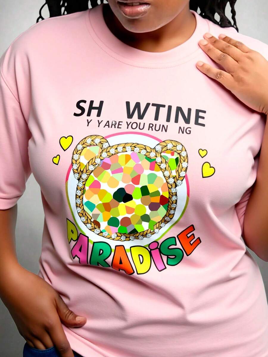 Playera oversize estampada para mujer, clásica y casual, ajuste oversize y cuello redondo, tela de algodón, apta para temporadas de verano, primavera y días soleados, con pedrería artificial decorativa en la parte frontal. En algunos colores pueden variar los tonos y estampados. - Rosa vieja - Ver 1