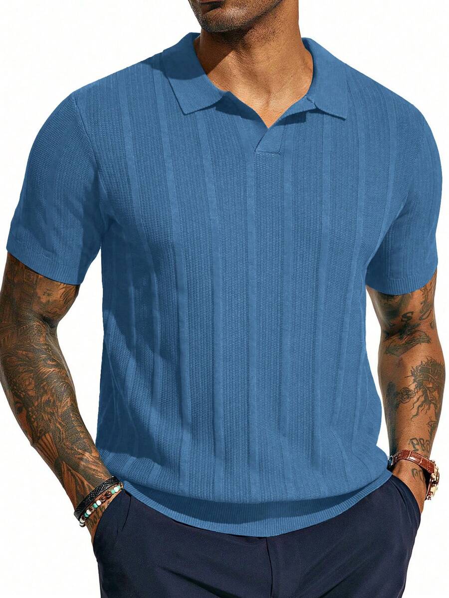 男士海军蓝短袖针织 Polo 衫 - 垂直罗纹图案 - 舒适时尚，适合日常和正式休闲穿着