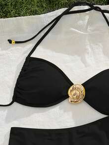 新款纯色软垫前金属装饰细肩带露背性感优雅派对比基尼套装，夏季沙滩时尚性感优雅女士比基尼度假黑色 - 黑色 - 查看 6