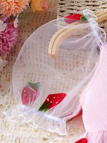 Young Girls' Casual Fashion Mesh Puff Sleeve Cute Strawberry Print Dress, Spring/Summer