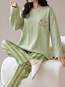 AICJ 2pcs Women Casual Strawberry Print Long Sleeve Top And Pants Lounge Set, Suitable For Spring, Summer, Autumn, Fall Winter Clothes, Cozy Outfit