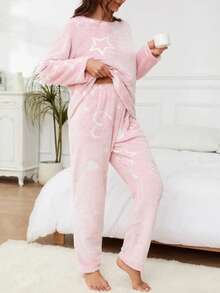 2pcs Women Fluorescent Cute Heart, Star, Moon Flannel Casual Thickened Warm Sleepwear Set, Crew Neck Long Sleeve Top And Elastic Waist Pants, Suitable For Spring, Summer, Autumn, Winter, Fall Clothes, Fluffy Pajama, Cozy - Pink - View 5