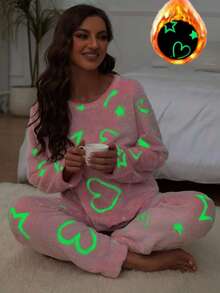 2pcs Women Fluorescent Cute Heart, Star, Moon Flannel Casual Thickened Warm Sleepwear Set, Crew Neck Long Sleeve Top And Elastic Waist Pants, Suitable For Spring, Summer, Autumn, Winter, Fall Clothes, Fluffy Pajama, Cozy - Pink - View 1