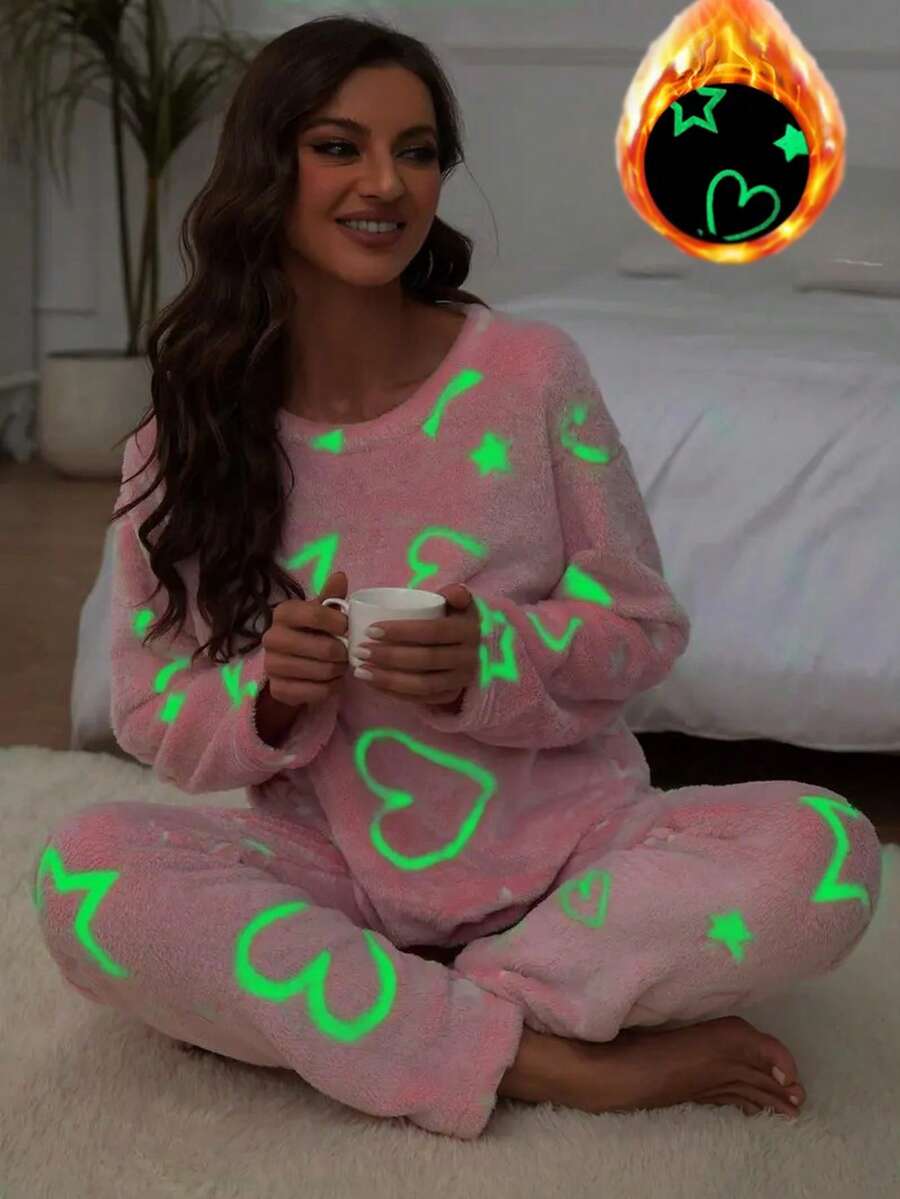 2pcs Women Fluorescent Cute Heart, Star, Moon Flannel Casual Thickened Warm Sleepwear Set, Crew Neck Long Sleeve Top And Elastic Waist Pants, Suitable For Spring, Summer, Autumn, Winter, Fall Clothes, Fluffy Pajama, Cozy - Pink - View 1