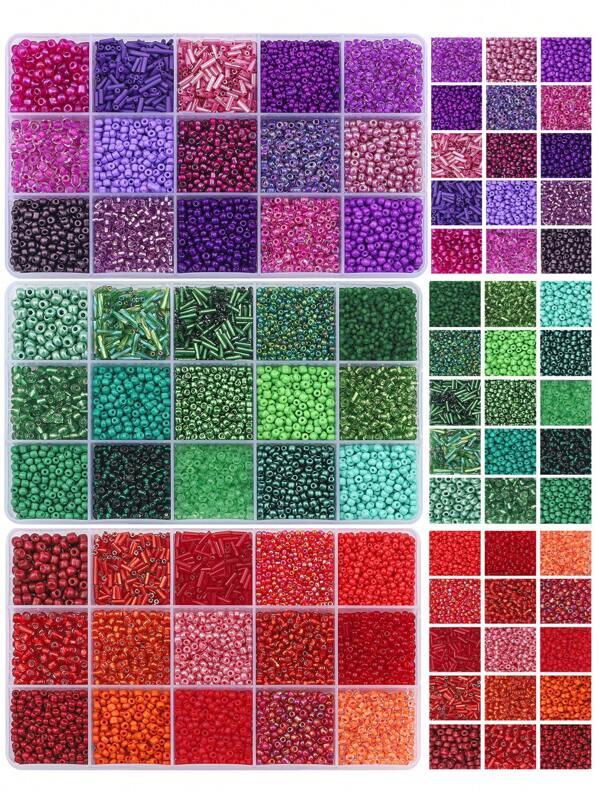 3 Boxes 15-Compartment Decorated Seed Beads Tubes, For DIY Crafts Bracelets Necklaces Jewelry Making (Purple+Green+Red)